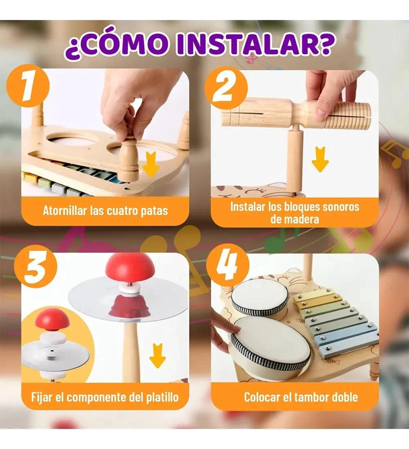 JUGUETE MUSICAL DE MADERA 7 EN 1 PARA BEBE S CON XILOFONO Y PERCUSION - 8