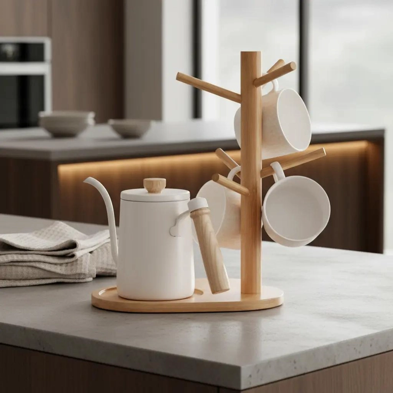 SOPORTE DE MADERA PARA TAZAS CON 6 GANCHOS Y DISEÑO LISO - 1