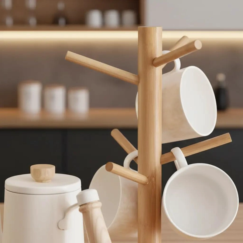 SOPORTE DE MADERA PARA TAZAS CON 6 GANCHOS Y DISEÑO LISO - 10