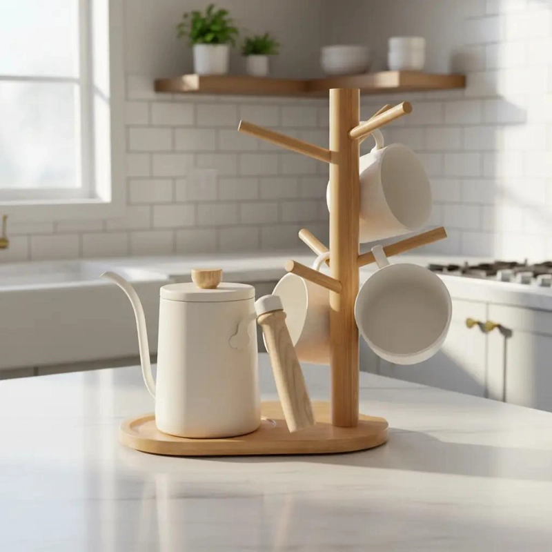 SOPORTE DE MADERA PARA TAZAS CON 6 GANCHOS Y DISEÑO LISO - 2
