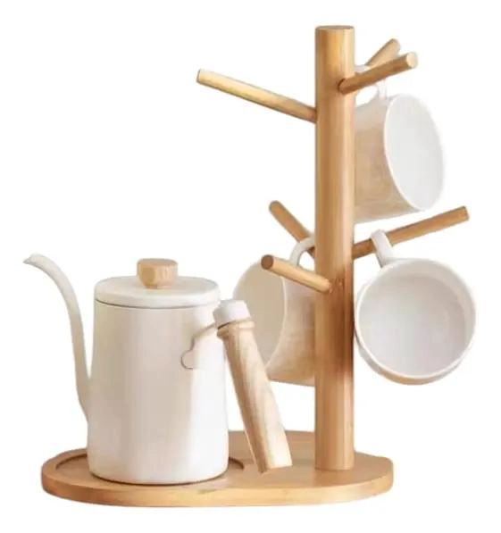 SOPORTE DE MADERA PARA TAZAS CON 6 GANCHOS Y DISEÑO LISO - 3