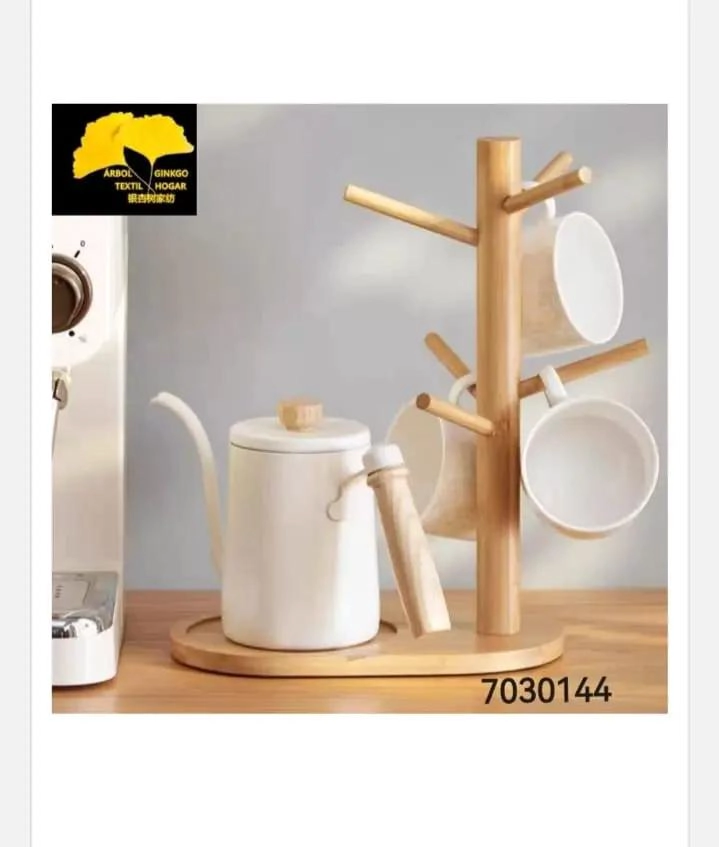 SOPORTE DE MADERA PARA TAZAS CON 6 GANCHOS Y DISEÑO LISO - 4