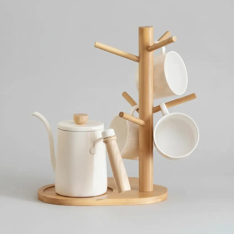 SOPORTE DE MADERA PARA TAZAS CON 6 GANCHOS Y DISEÑO LISO - 5