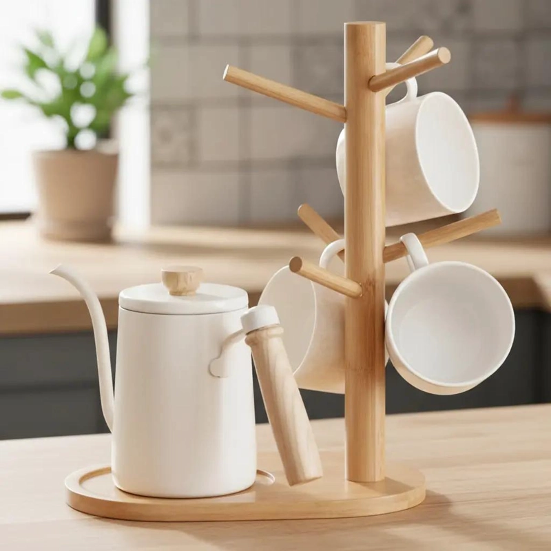 SOPORTE DE MADERA PARA TAZAS CON 6 GANCHOS Y DISEÑO LISO - 6
