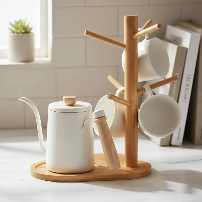 SOPORTE DE MADERA PARA TAZAS CON 6 GANCHOS Y DISEÑO LISO - 7