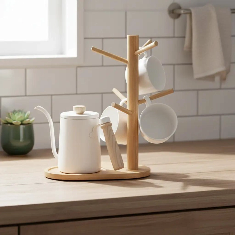 SOPORTE DE MADERA PARA TAZAS CON 6 GANCHOS Y DISEÑO LISO - 8