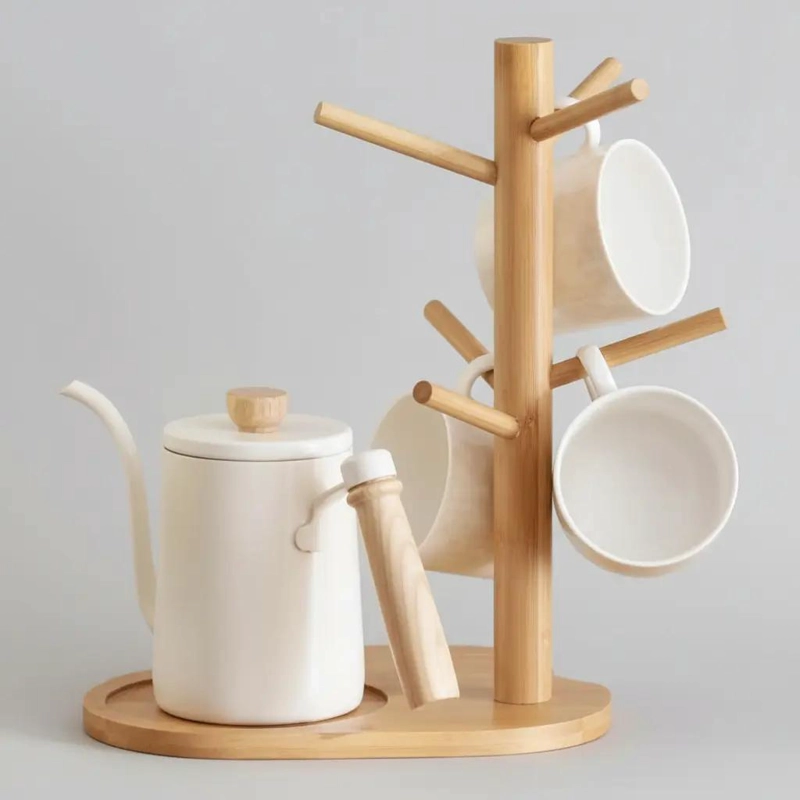 SOPORTE DE MADERA PARA TAZAS CON 6 GANCHOS Y DISEÑO LISO - 9