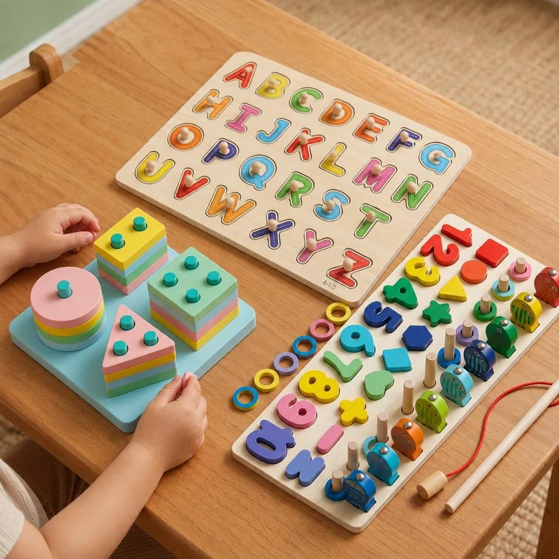 SET EDUCATIVO DE MADERA MONTESSORI CON JUGUETES DIDACTICOS - 1