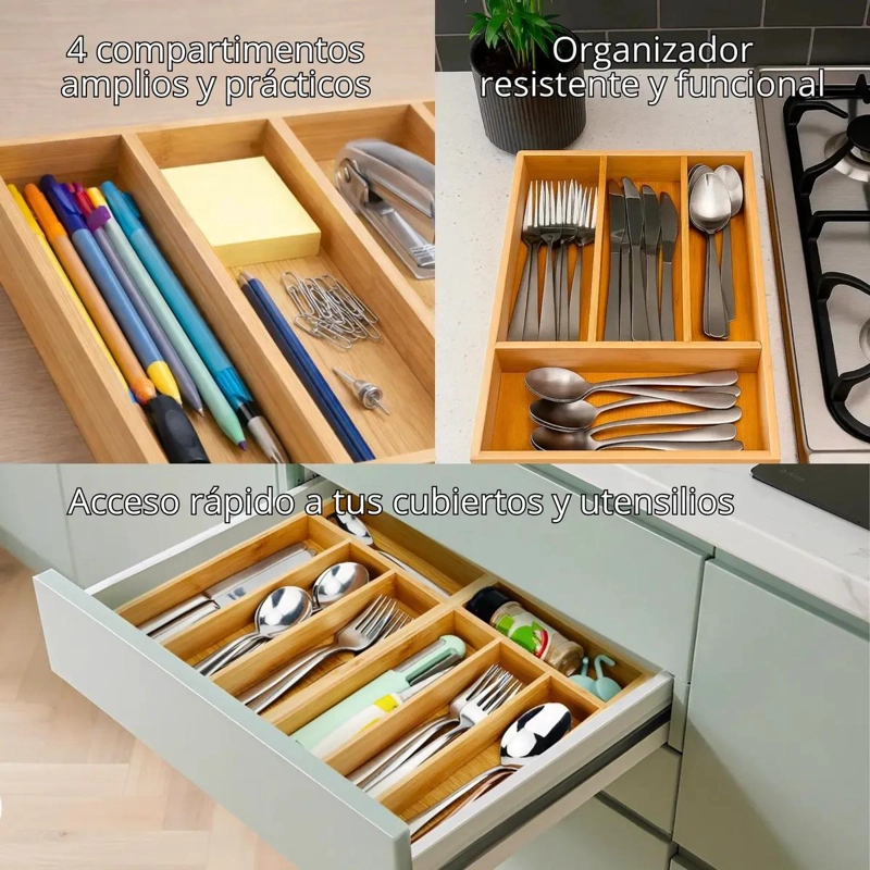 ORGANIZADOR DE CUBIERTOS DE BAMBU CON 4 COMPARTIMENTOS PARA CAJON - 4