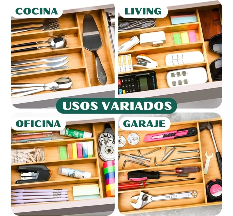 ORGANIZADOR DE CUBIERTOS DE BAMBU CON 4 COMPARTIMENTOS PARA CAJON - 8
