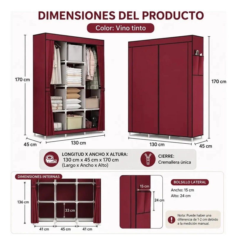 CLOSET ARMABLE DE TELA CON 8 ESTANTES Y 2 BARRALES - 2