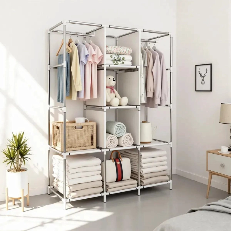 CLOSET ARMABLE DE TELA CON 8 ESTANTES Y 2 BARRALES - 6