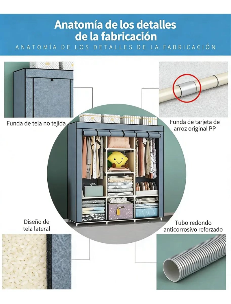 CLOSET ARMABLE DE TELA CON 8 ESTANTES Y 2 BARRALES - 7