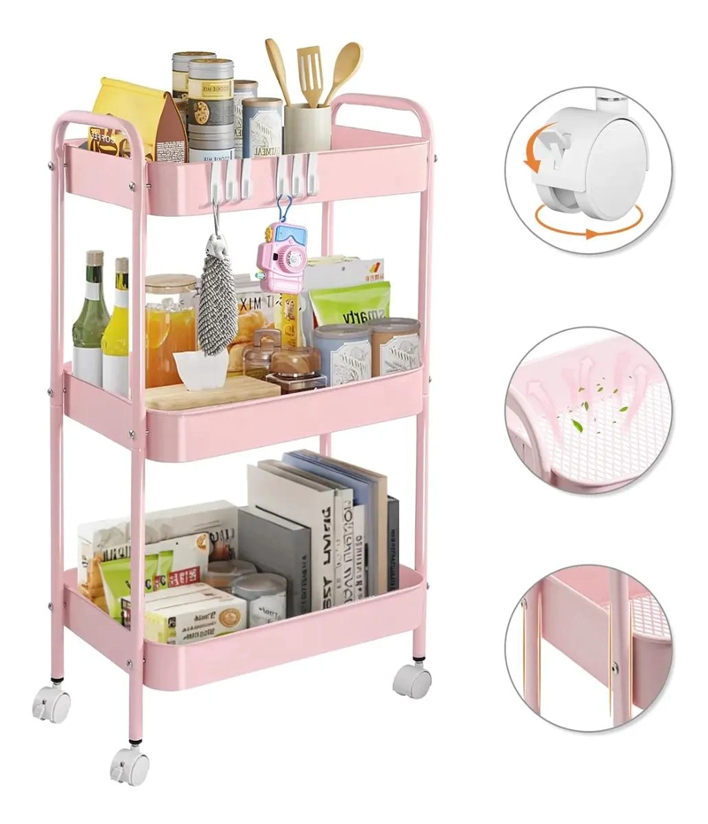 CARRITO ORGANIZADOR METAL 3 NIVELES CON RUEDAS BLOQUEABLES ROSA - 1