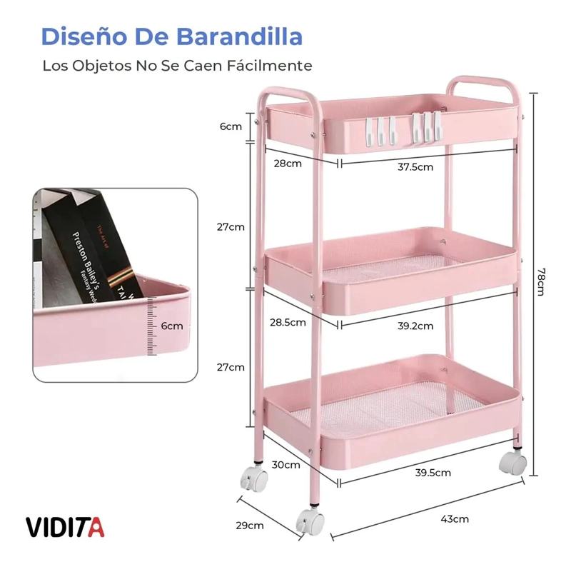 CARRITO ORGANIZADOR METAL 3 NIVELES CON RUEDAS BLOQUEABLES ROSA - 2