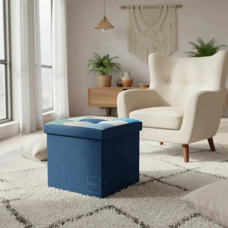 PUFF BAUL PLEGABLE ORGANIZADOR 38X38 EN TELA AZUL - 3