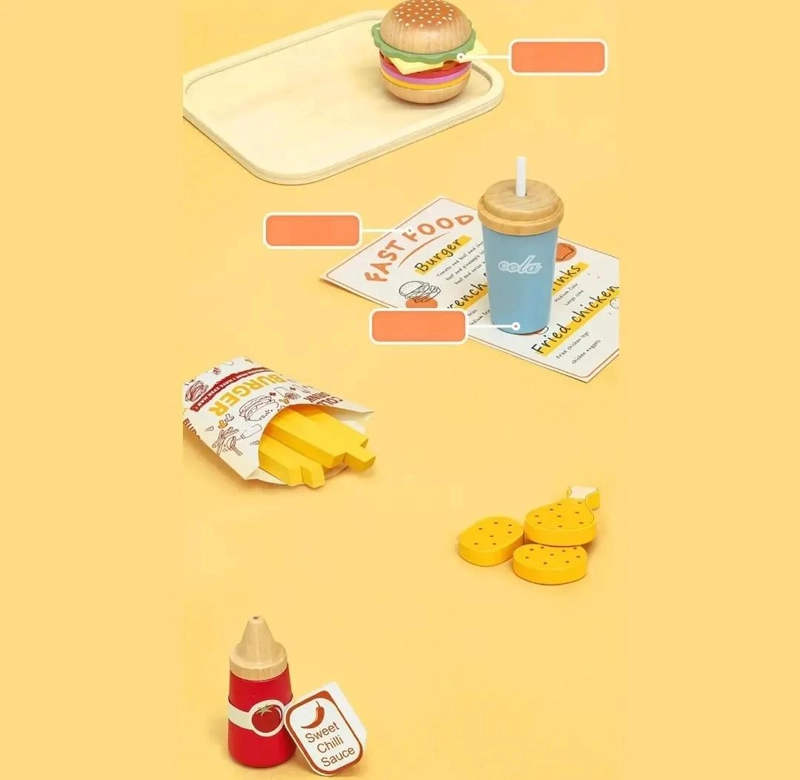 JUEGO DE COCINA DE MADERA CON HAMBURGUESAS Y ACCESORIOS - 9