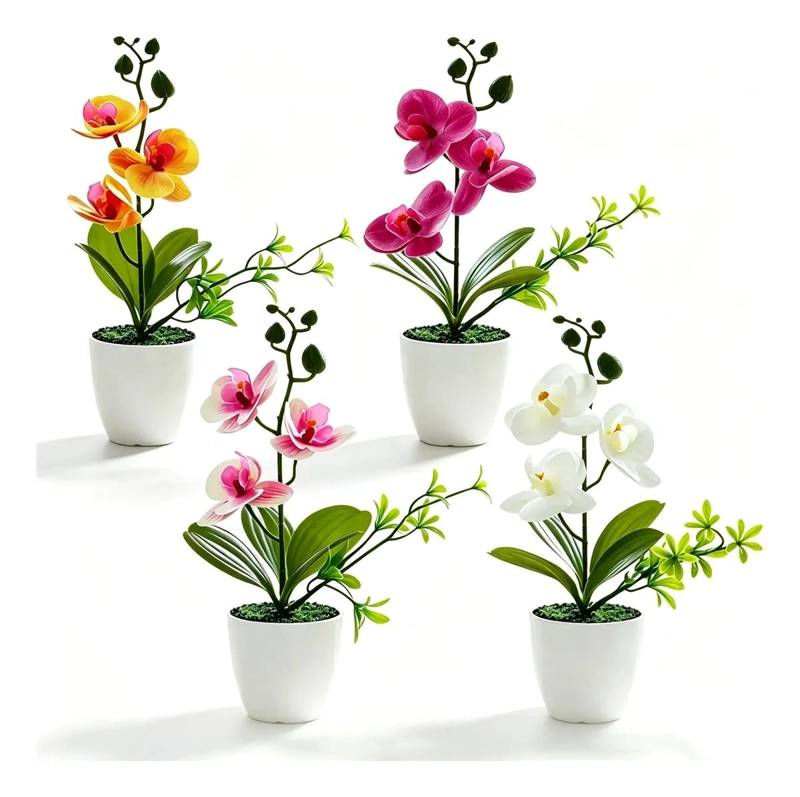 SET DE 4 PLANTAS ARTIFICIALES DE ORQUIDEAS EN MACETAS DECORATIVAS - 1