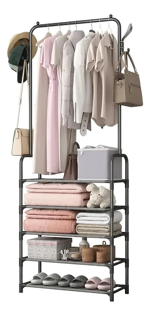 PERCHERO METALICO CON ESTANTES Y GANCHOS PARA ROPA Y ACCESORIOS - 1