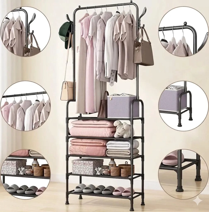 PERCHERO METALICO CON ESTANTES Y GANCHOS PARA ROPA Y ACCESORIOS - 2
