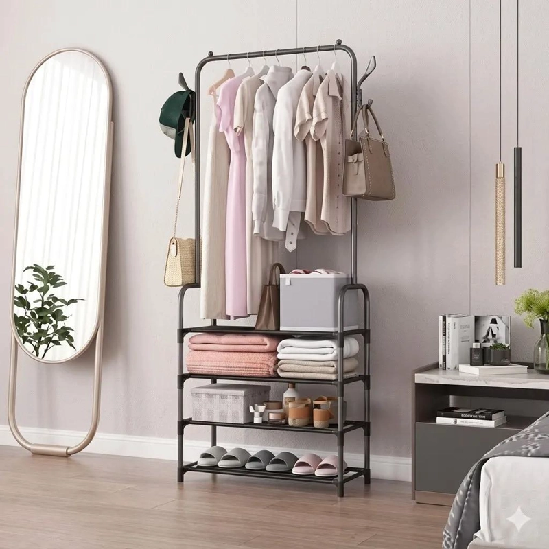 PERCHERO METALICO CON ESTANTES Y GANCHOS PARA ROPA Y ACCESORIOS - 3