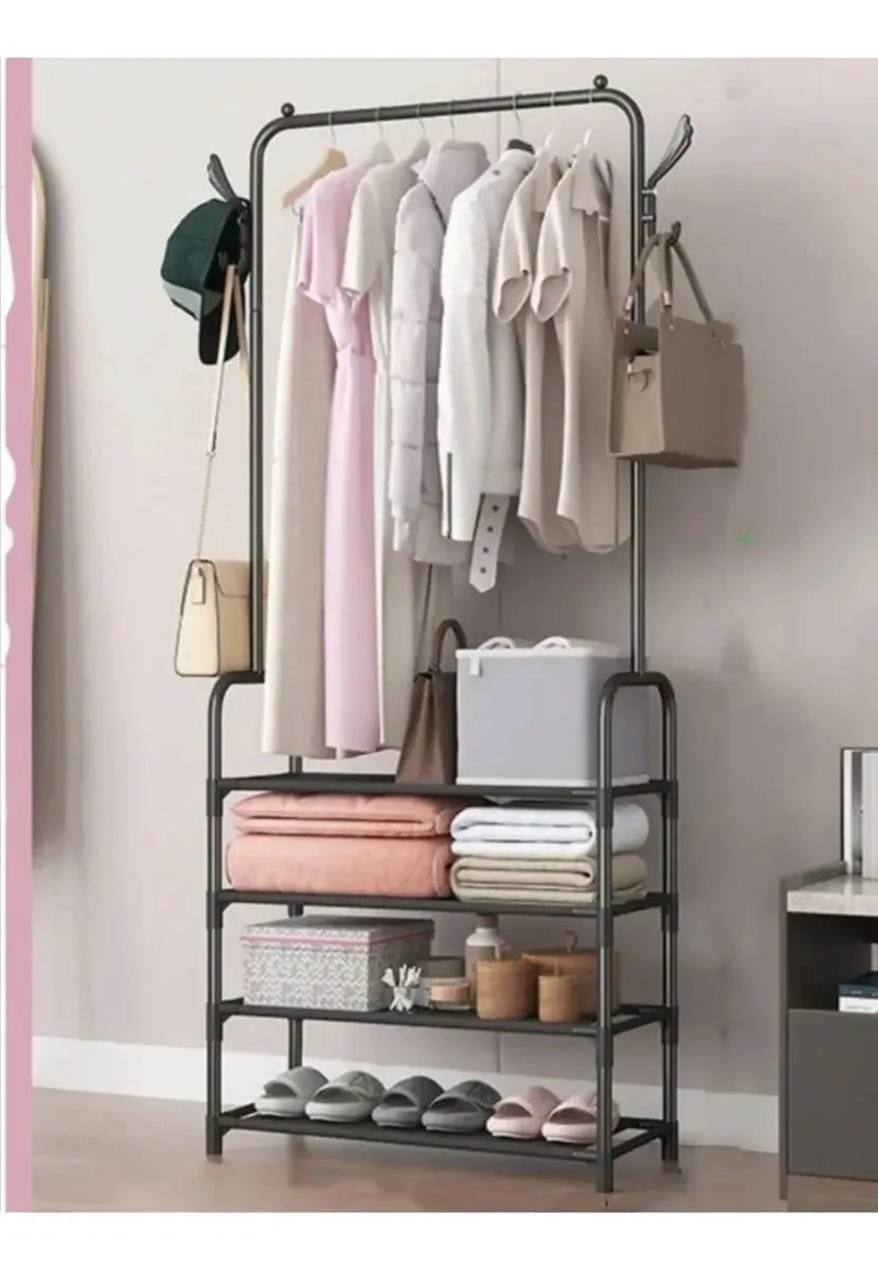 PERCHERO METALICO CON ESTANTES Y GANCHOS PARA ROPA Y ACCESORIOS - 5