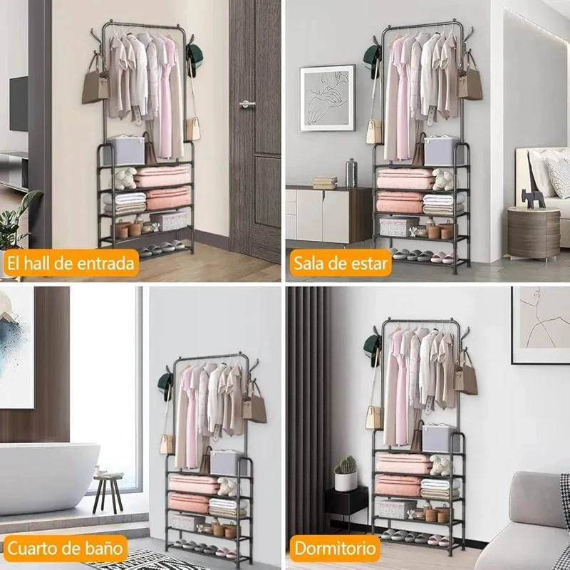PERCHERO METALICO CON ESTANTES Y GANCHOS PARA ROPA Y ACCESORIOS - 6