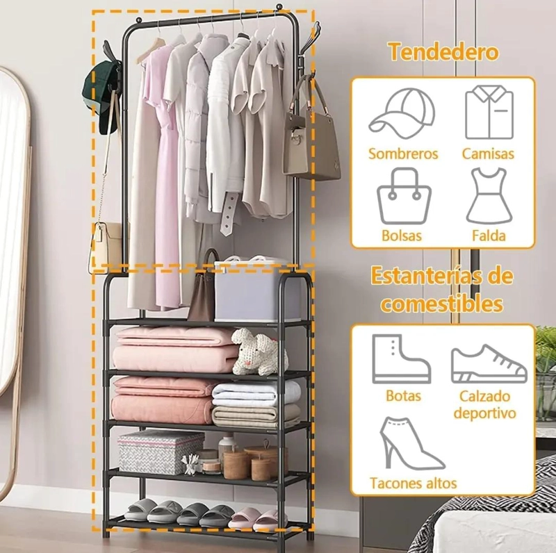 PERCHERO METALICO CON ESTANTES Y GANCHOS PARA ROPA Y ACCESORIOS - 7