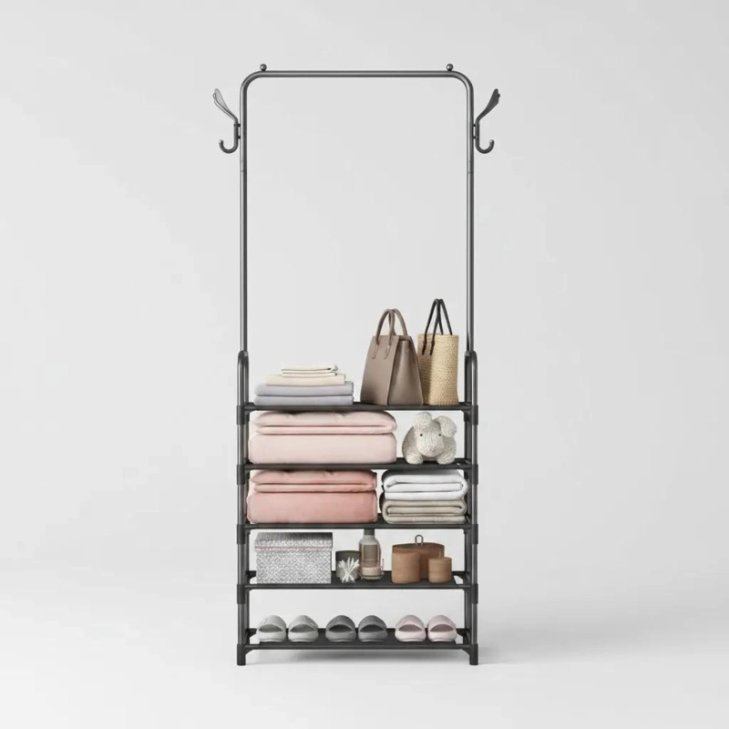 PERCHERO METALICO CON ESTANTES Y GANCHOS PARA ROPA Y ACCESORIOS - 8