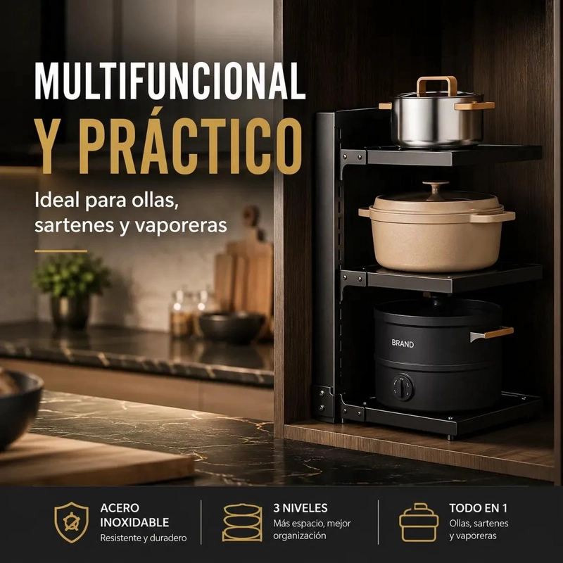 ESTANTE ORGANIZADOR DE OLLAS 3 NIVELES PARA COCINA COMPACTO - 5