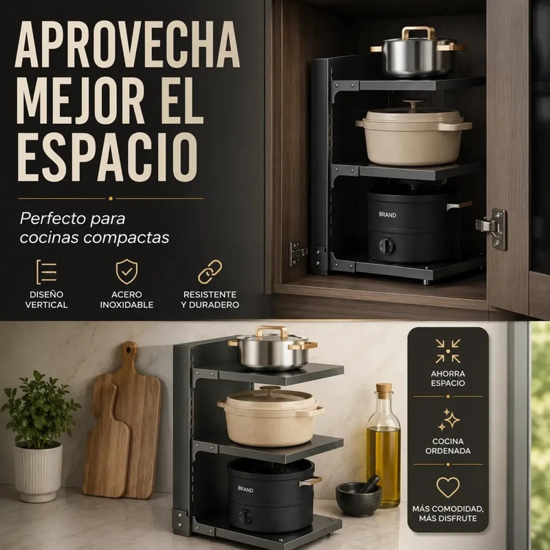 ESTANTE ORGANIZADOR DE OLLAS 3 NIVELES PARA COCINA COMPACTO - 6