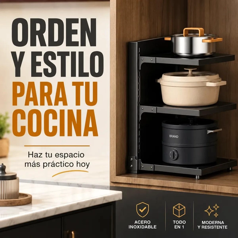 ESTANTE ORGANIZADOR DE OLLAS 3 NIVELES PARA COCINA COMPACTO - 8