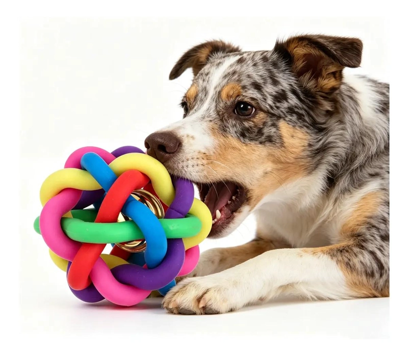 PELOTA TRENZADA MULTICOLOR PARA PERROS CON SONIDO DIVERTIDO - 1