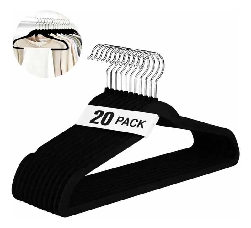 PACK DE 20 COLGADORES DE ROPA TERCIOPELO ANTIDESLIZANTE NEGRO - 1
