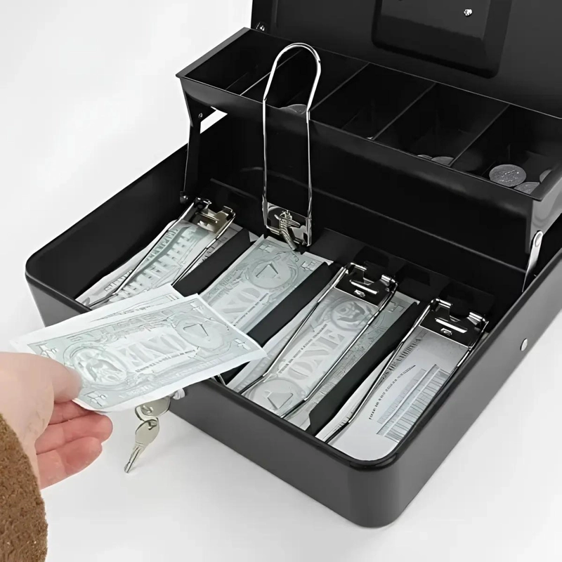 CAJA ORGANIZADORA DE DINERO CON LLAVE DE SEGURIDAD Y COMPARTIMENTOS - 6
