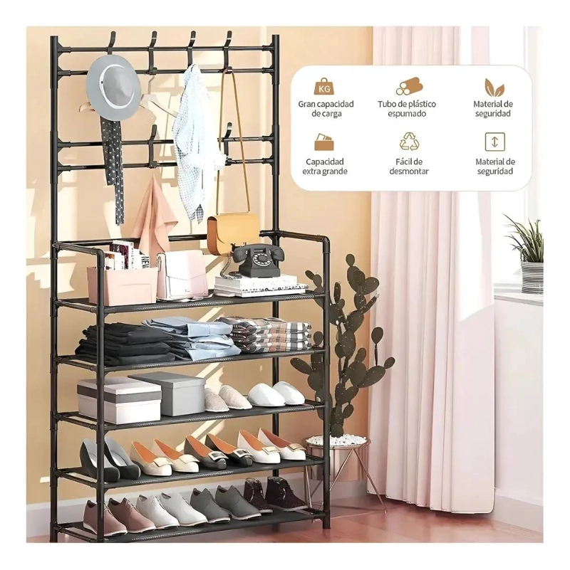 ZAPATERO ORGANIZADOR CON PERCHERO DE 5 NIVELES Y MEDIDAS COMPACTAS - 5