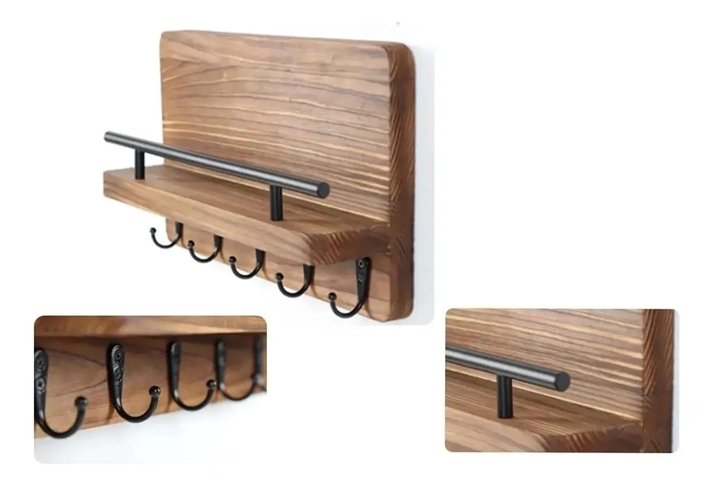 PERCHERO DE PARED CON 5 GANCHOS DE MADERA Y METAL - 4