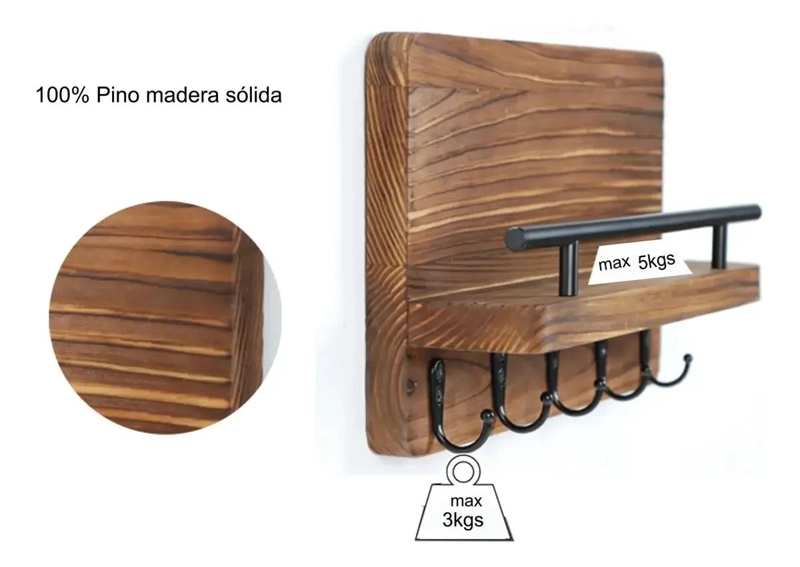 PERCHERO DE PARED CON 5 GANCHOS DE MADERA Y METAL - 5