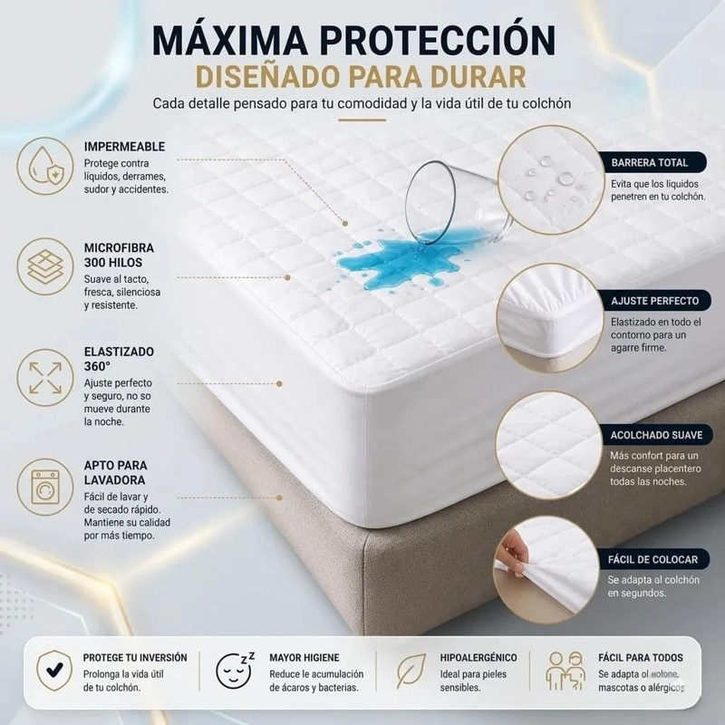 CUBRECOLCHON IMPERMEABLE 1.5 PLAZAS CON FUNDA AJUSTABLE - 4