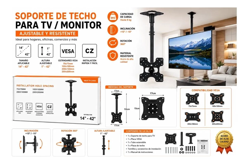 SOPORTE DE TECHO AJUSTABLE PARA TELEVISORES DE 14 A 42 PULGADAS - 2
