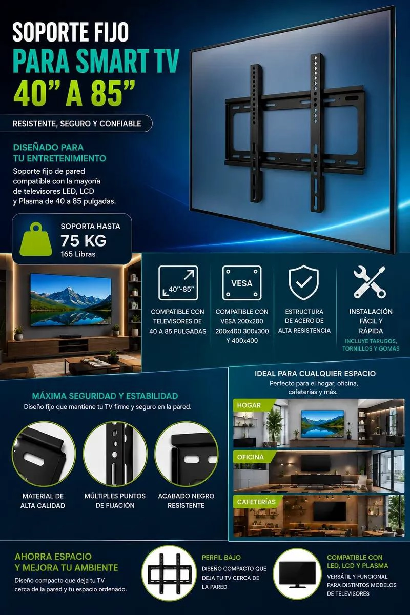 SOPORTE DE PARED FIJO PARA TELEVISORES DE 40 A 85 PULGADAS - 2