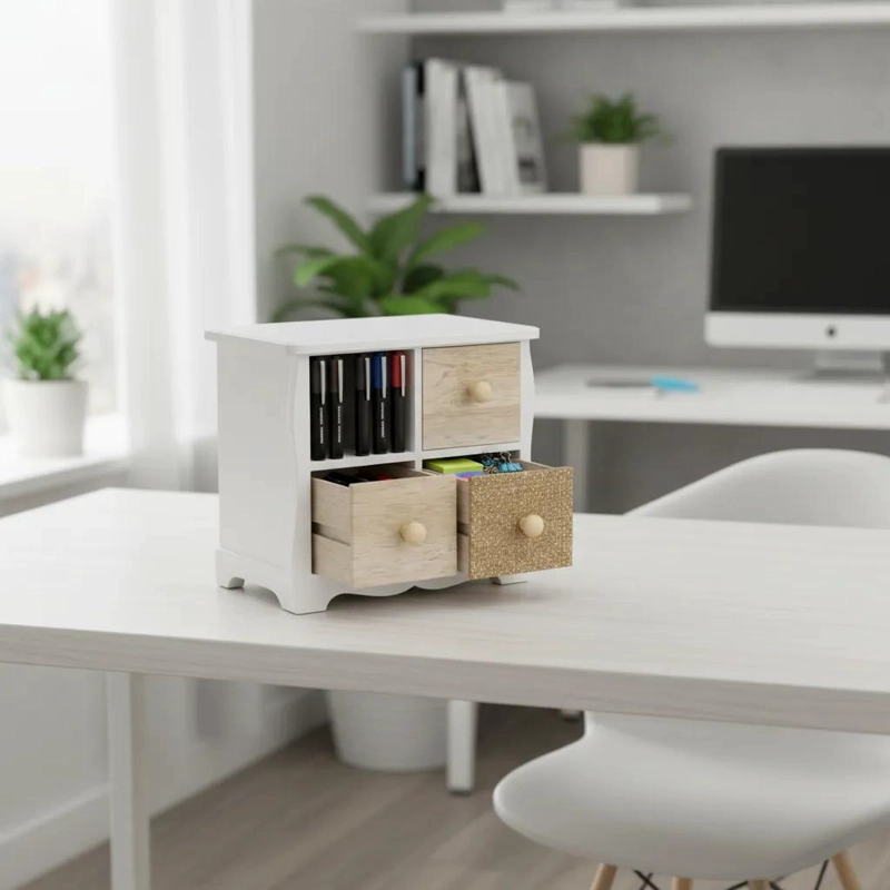 ORGANIZADOR DE MESA DE MADERA CON 4 CAJONES ESTILO RUSTICO - 6