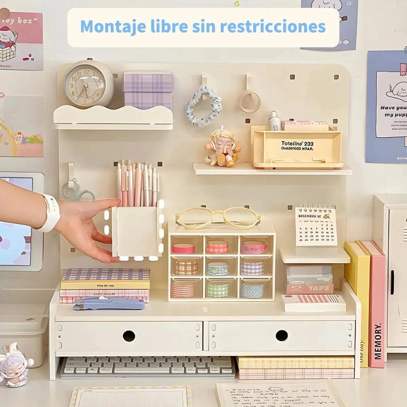 ORGANIZADOR DE ESCRITORIO DE MADERA CON CAJONES Y PANEL PERFORADO - 2