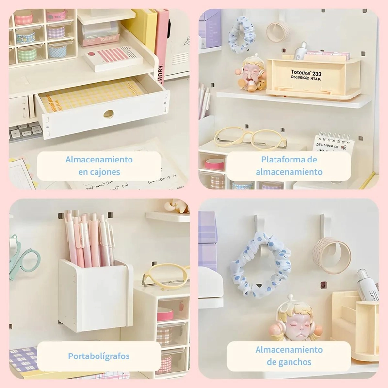 ORGANIZADOR DE ESCRITORIO DE MADERA CON CAJONES Y PANEL PERFORADO - 3