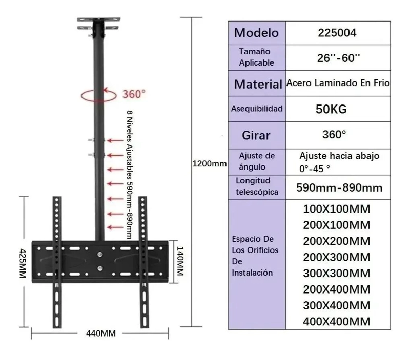 SOPORTE DE TECHO PARA TV AJUSTABLE DE 26 A 60 PULGADAS - 3
