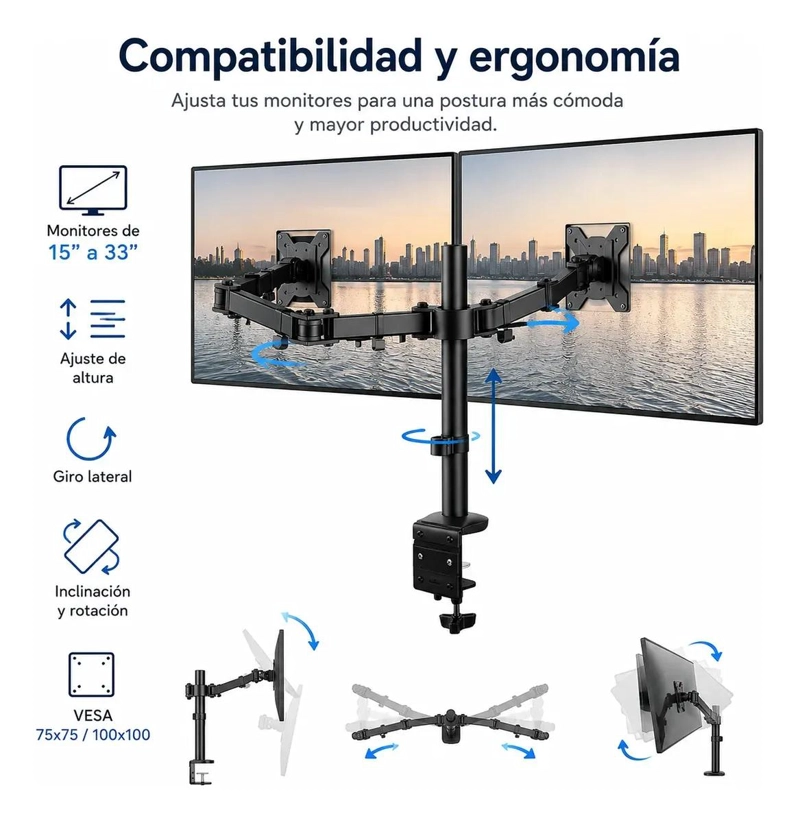 SOPORTE DOBLE ARTICULADO PARA MONITORES DE 15 A 33 PULGADAS - 6