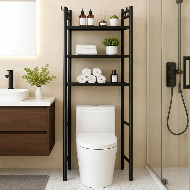 MUEBLE ORGANIZADOR DE BAÑO NEGRO CON ESTANTES DE TRES NIVELES - 1