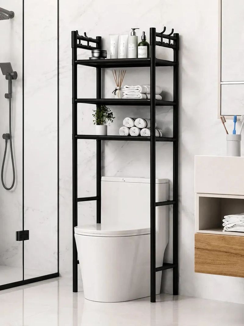 MUEBLE ORGANIZADOR DE BAÑO NEGRO CON ESTANTES DE TRES NIVELES - 5
