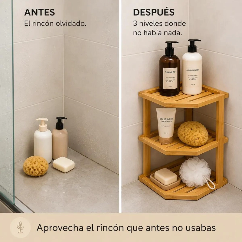 ESTANTE ESQUINERO DE BAMBU 3 NIVELES PARA ORDENAR ESPACIOS - 3