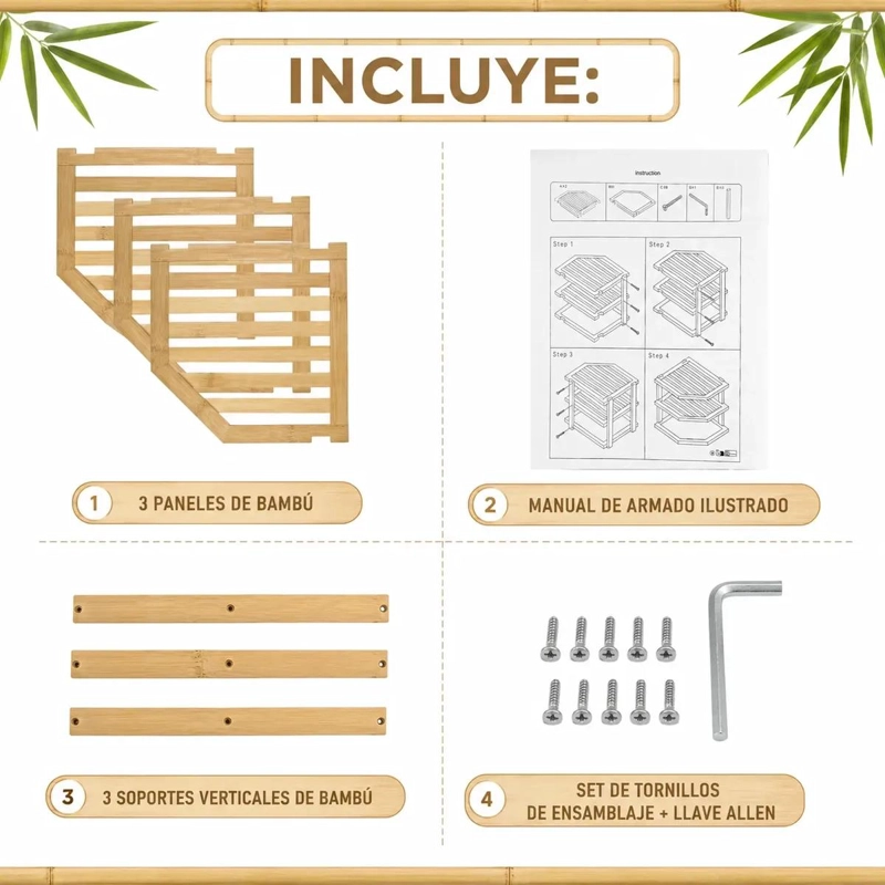 ESTANTE ESQUINERO DE BAMBU 3 NIVELES PARA ORDENAR ESPACIOS - 4